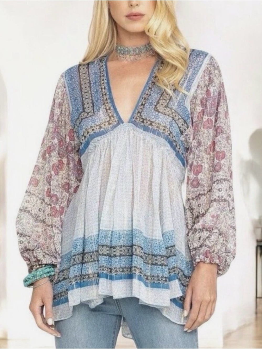 Free People Aliyah Tunic Top Small Blue Combo Boho Babydoll Bishop Sleeve Sheer